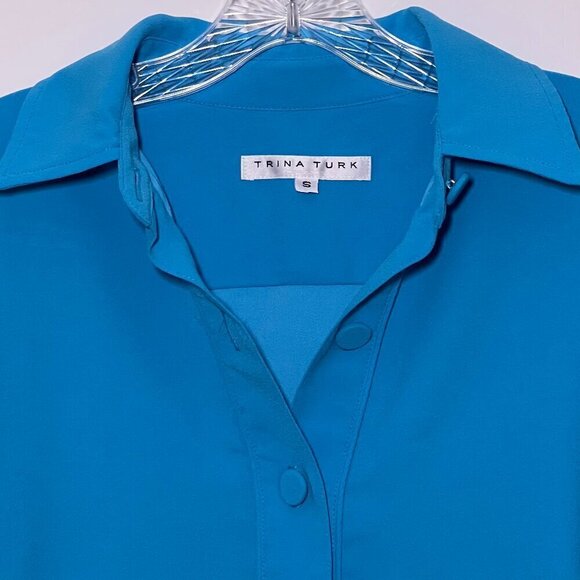 Trina Turk Silky Turquoise Poplin Point Collar Cuffed Long Sleeve Shirt NWOT - Picture 7 of 13
